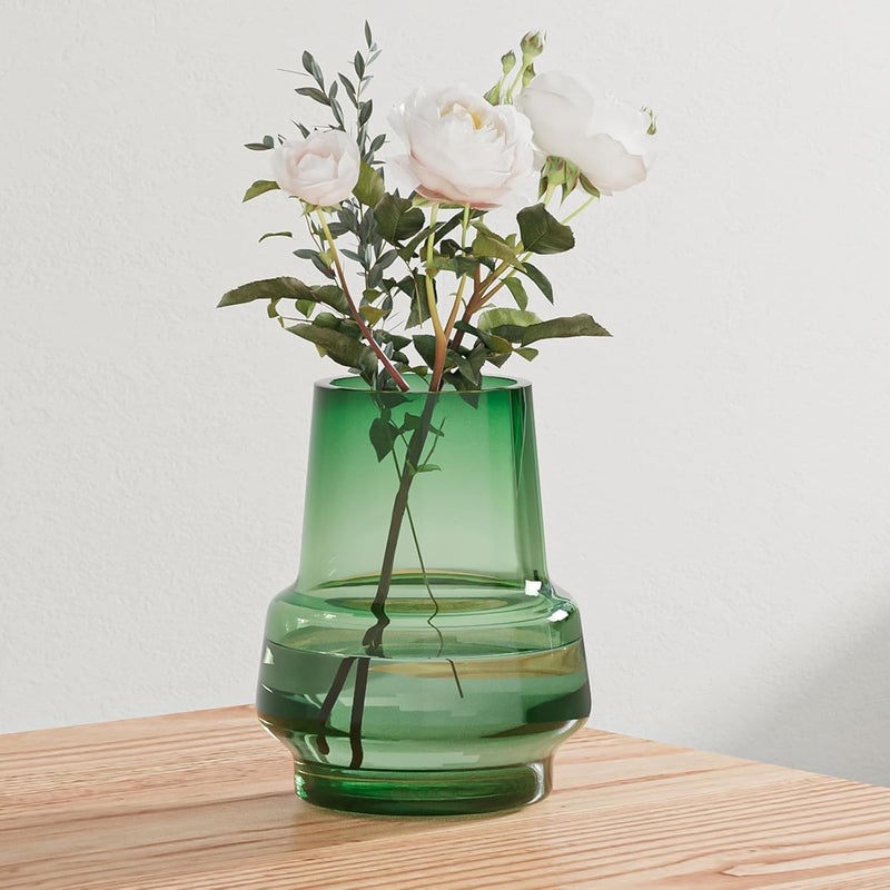 Relexome Green Glass Flower Vase for Centerpieces Bouquet Flowers Modern Wide Mouth Glass Vase Decorative Bud Vases for Home Decor, Living Room, Kitchen, Dining Table, Entryway 7.3 Inch - Image 1