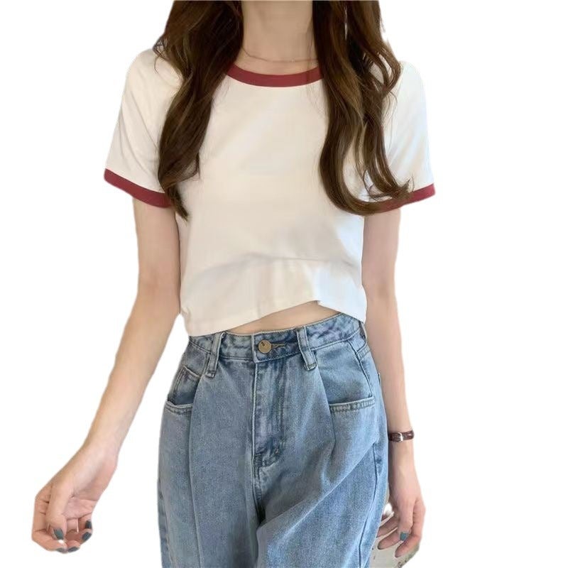 2025 Midriff-Baring Top Contrasting Color Slimming Look Short Design Discreet Short-Sleeved T-Shirt For Women - Image 3