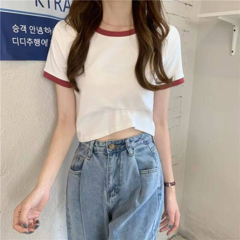 2025 Midriff-Baring Top Contrasting Color Slimming Look Short Design Discreet Short-Sleeved T-Shirt For Women - Image 2