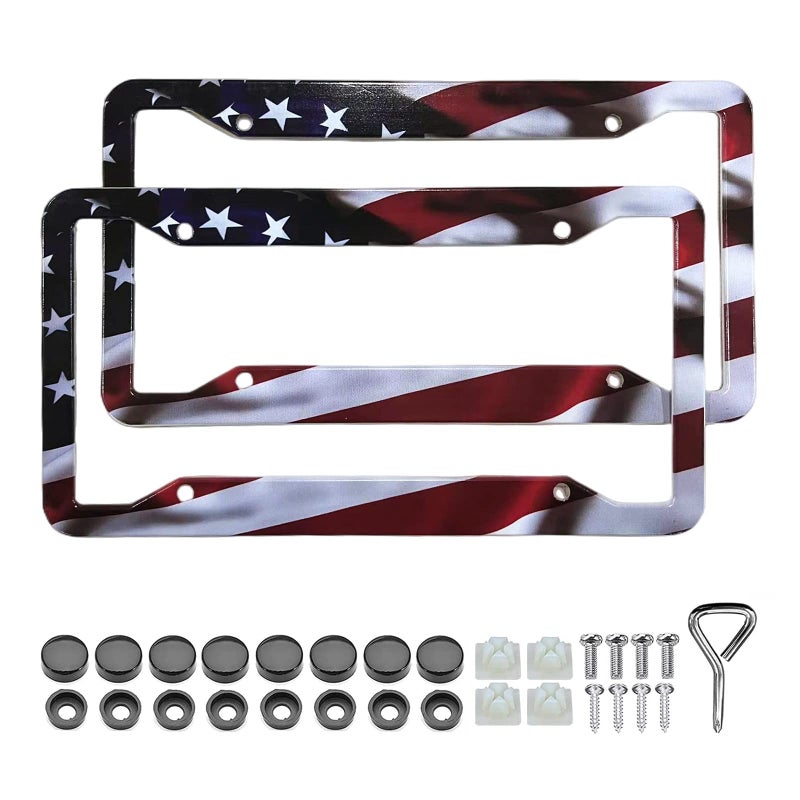 American Flag License Plate Frame Holder 2 Pack Universal Aluminum Matte Stripe US Flag Gloss Patriotic Car Plate Frame Covers with Free Screws Fasteners Caps
