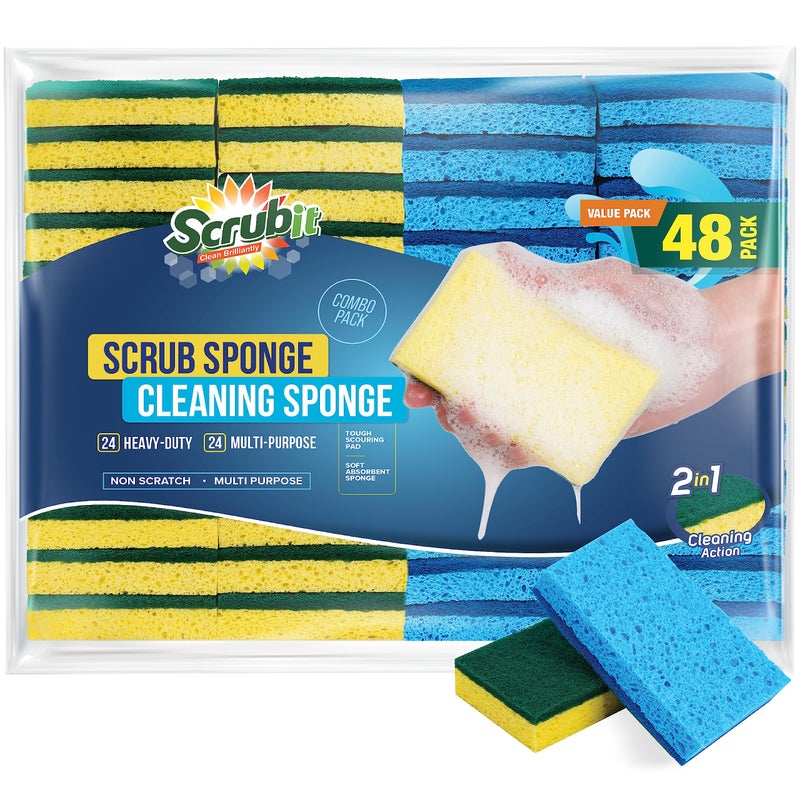 SCRUBIT 48 Pack Kitchen Sponges Dish Sponge for Washing Dishes Kitchen  Bathroom  Blue  Yellow Dishwashing Sponges Along with A Thought Scrubber  Bulk Cleaning sponges Kitchen Blue Yellow