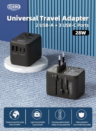 28W Universal Travel Adapter with 5 Ports (2 USB A and 3 USB C Ports) Universal Travel Adapter for Devices with Dual Voltages, International Travel Adapter for EU, UK, USA, AU, Power Socket Charger for Multi Countries, Travel Plug Adapter with Fast Charging Safety Fuse - view 2
