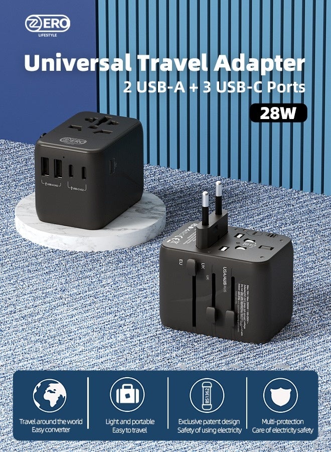 زیرو لائف اسٹائل محول سفر عالمي بقوة 28 وات مع 5 منافذ (2 منفذ USB A و3 منافذ USB C) محول سفر عالمي للأجهزة ذات الجهد المزدوج، محول سفر دولي للاتحاد الأوروبي والمملكة المتحدة والولايات المتحدة الأمريكية وأستراليا، شاحن مقبس الطاقة للعديد من البلدان، محول قابس السفر مع فتيل أمان للشحن السريع - Image 2