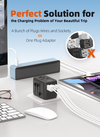 28W Universal Travel Adapter with 5 Ports (2 USB A and 3 USB C Ports) Universal Travel Adapter for Devices with Dual Voltages, International Travel Adapter for EU, UK, USA, AU, Power Socket Charger for Multi Countries, Travel Plug Adapter with Fast Charging Safety Fuse - view 3