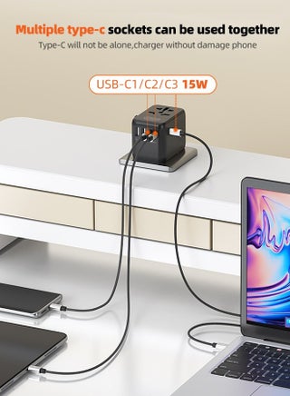 28W Universal Travel Adapter with 5 Ports (2 USB A and 3 USB C Ports) Universal Travel Adapter for Devices with Dual Voltages, International Travel Adapter for EU, UK, USA, AU, Power Socket Charger for Multi Countries, Travel Plug Adapter with Fast Charging Safety Fuse - view 5