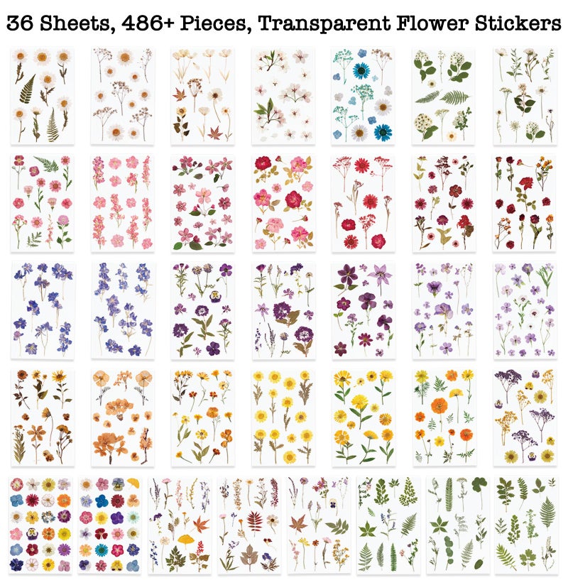 Knaid Pressed Flower Themed Stickers (Assorted 486 Pieces, 36 Sheets) Dried Floral Resin Stickers Decals Botanical Journaling Sticker for Scrapbook Supplies Junk Journal Bullet Journal Planner Laptop - Image 2