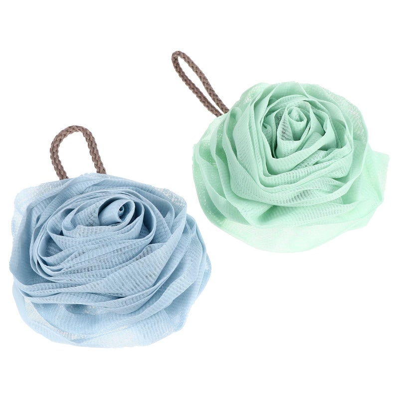Soft Mesh Exfoliating Shower Sponge Set 2 Pcs Sky Blue Mint Green Loofah Ball - Image 2