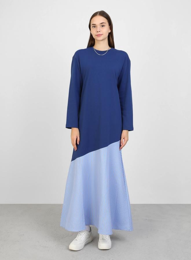 Benin by modanisa Navy Blue Color Block A-Line Maxi Dress - Image 1