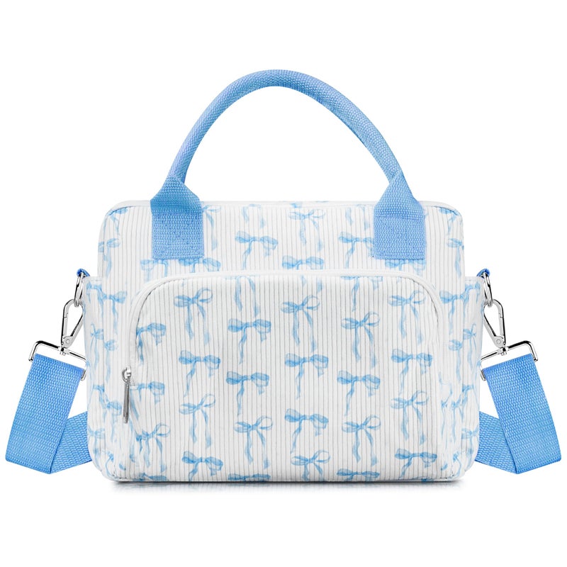 TESAFNG Lunch Box for Women Insulated Lunch Bag Cute Corduroy Lunch Tote Bags Lightweight Reusable Leakproof Cooler Bag with Adjustable Shoulder Strap for Work Office Travel Picnic (Blue Bow) - Image 1