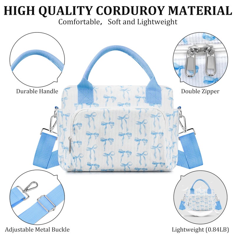 TESAFNG Lunch Box for Women Insulated Lunch Bag Cute Corduroy Lunch Tote Bags Lightweight Reusable Leakproof Cooler Bag with Adjustable Shoulder Strap for Work Office Travel Picnic (Blue Bow) - Image 5