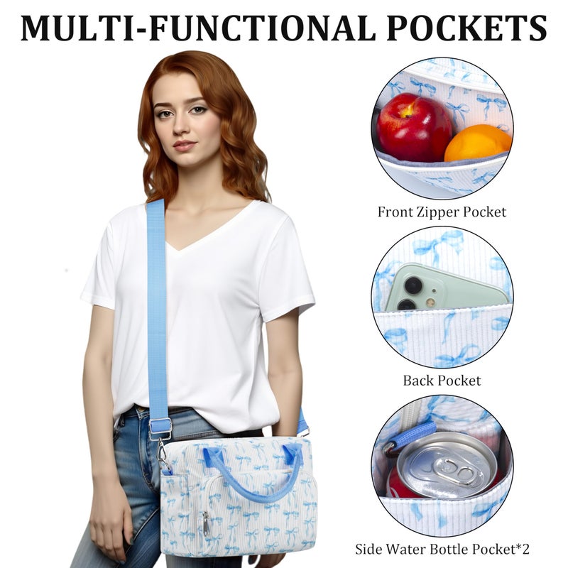 TESAFNG Lunch Box for Women Insulated Lunch Bag Cute Corduroy Lunch Tote Bags Lightweight Reusable Leakproof Cooler Bag with Adjustable Shoulder Strap for Work Office Travel Picnic (Blue Bow) - Image 4