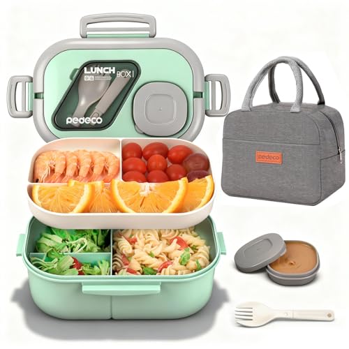PEDECO Bento Box Set with Lunch Bag, Lunch Containers for Women&Men&Kids. Leakproof 3-Compartment and 2-Tier Stackable Container with Portable Sauce Pod, Microwave/Dishwasher Safe, BPA-Free (Green) - Image 1