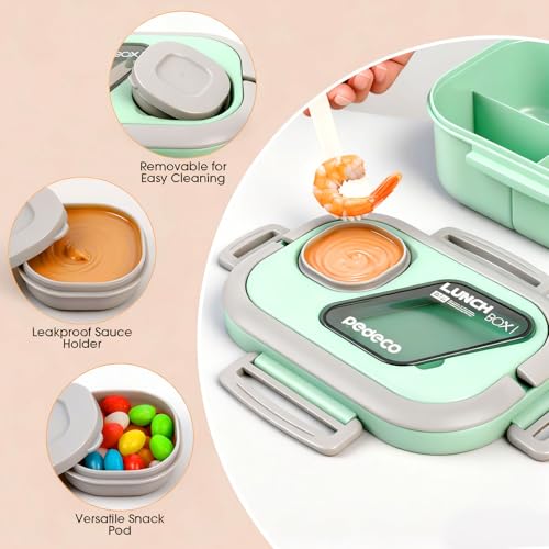 PEDECO Bento Box Set with Lunch Bag, Lunch Containers for Women&Men&Kids. Leakproof 3-Compartment and 2-Tier Stackable Container with Portable Sauce Pod, Microwave/Dishwasher Safe, BPA-Free (Green) - Image 4