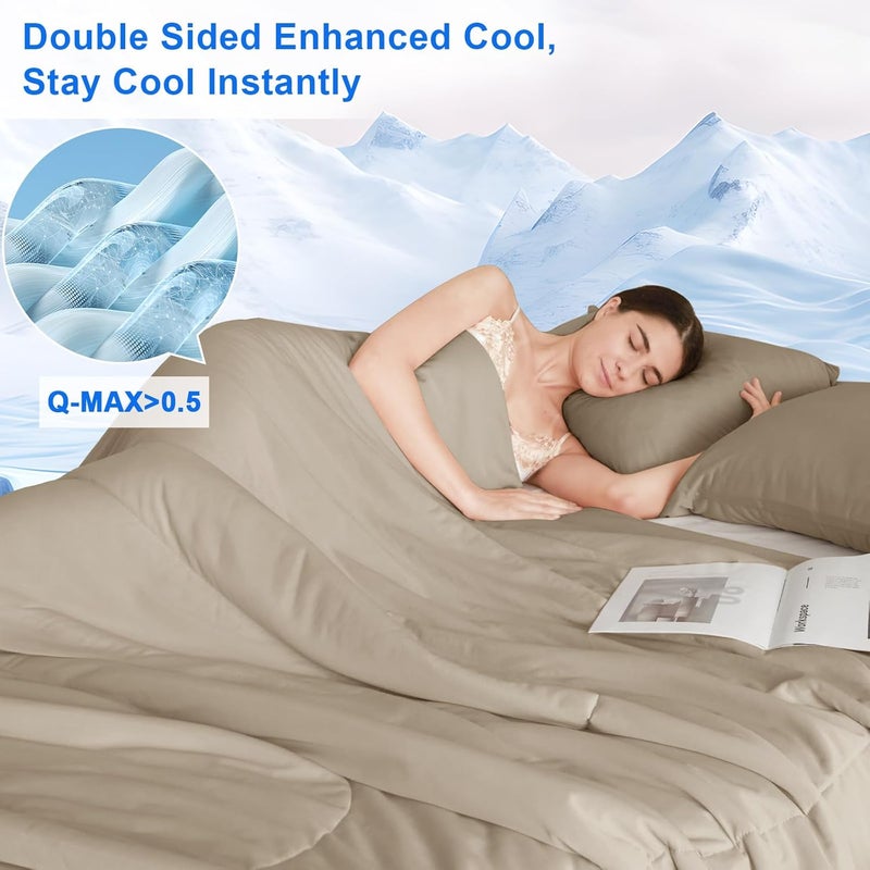 PHF 3 Piece Cooling Comforter and Pillow Cases Set in King Size, Breathable & Lightweight Summer Bedding , Includes 1 x 230cm x 275 cm Comforter and 2 x 50cm x 90 cm Pillowcases, Simple Taupe - Image 3