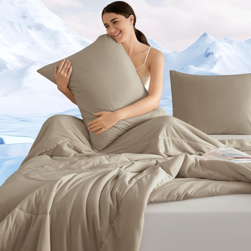 PHF 3 Piece Cooling Comforter and Pillow Cases Set in King Size, Breathable & Lightweight Summer Bedding , Includes 1 x 230cm x 275 cm Comforter and 2 x 50cm x 90 cm Pillowcases, Simple Taupe - Image 1