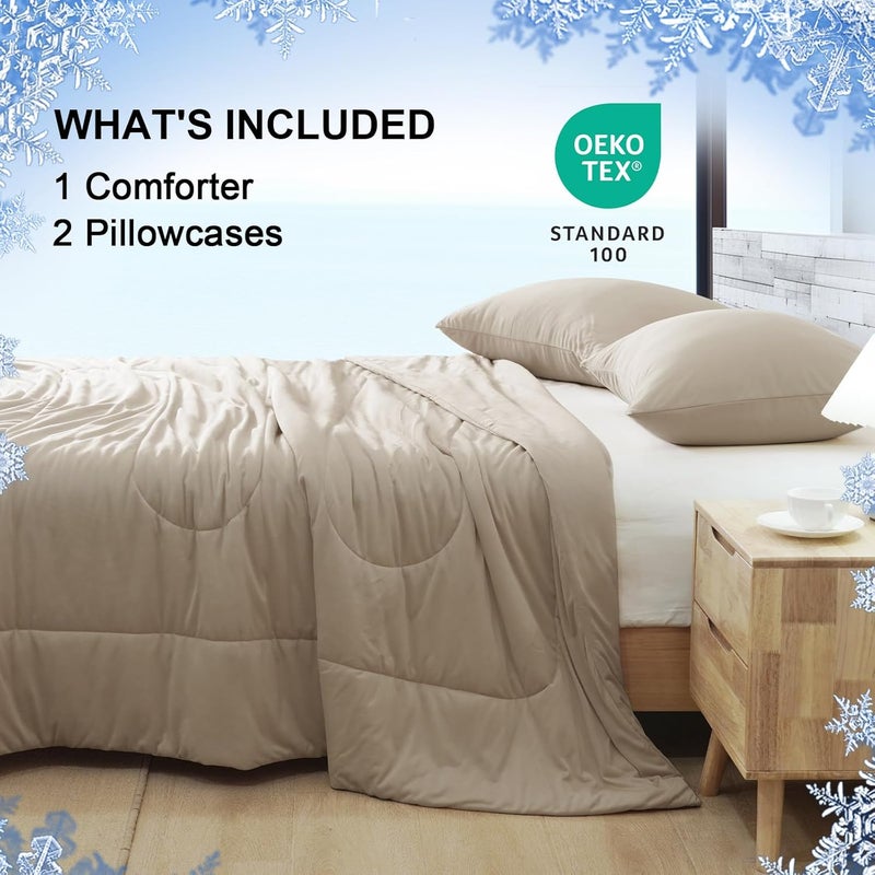 PHF 3 Piece Cooling Comforter and Pillow Cases Set in King Size, Breathable & Lightweight Summer Bedding , Includes 1 x 230cm x 275 cm Comforter and 2 x 50cm x 90 cm Pillowcases, Simple Taupe - Image 4