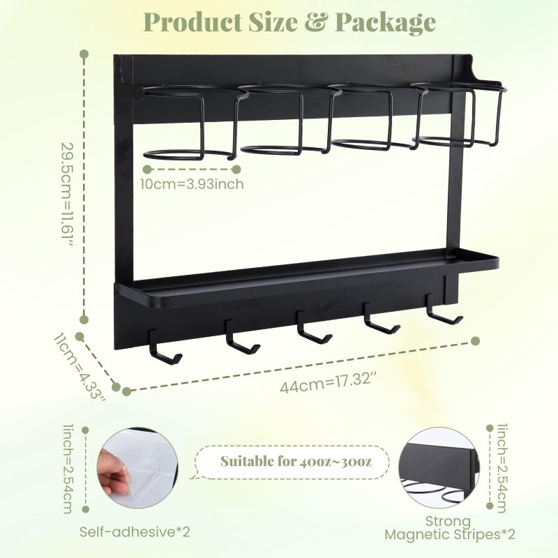 CINPIUK Water Bottle Organizer Holder, Magnetic Cup Rack Storage for Stanley & Large Tumbler, Space Saving Wall Mount Bottle Organizer with 5 Hook, Easy to Install, Black - Image 4