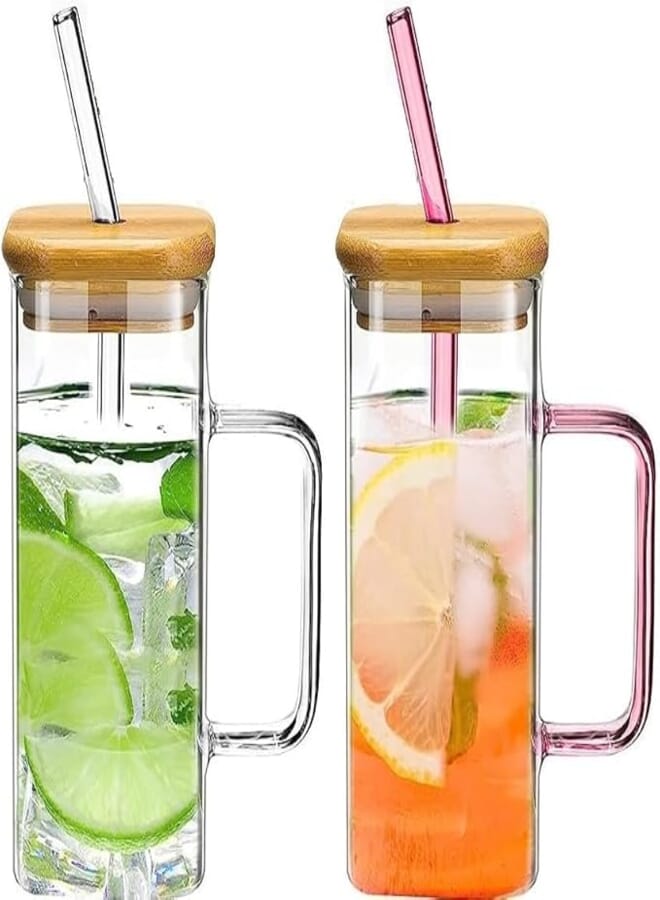KHOLAD Glass Tumbler with Wooden Lid & Straw 400ml, Glass Cup with Colored Handle Pack of 2, Iced Tea & Coffee Mugs for Straw and Direct Drinking, Travel Sipper Bottle for Juice, Cocktail, Smoothie