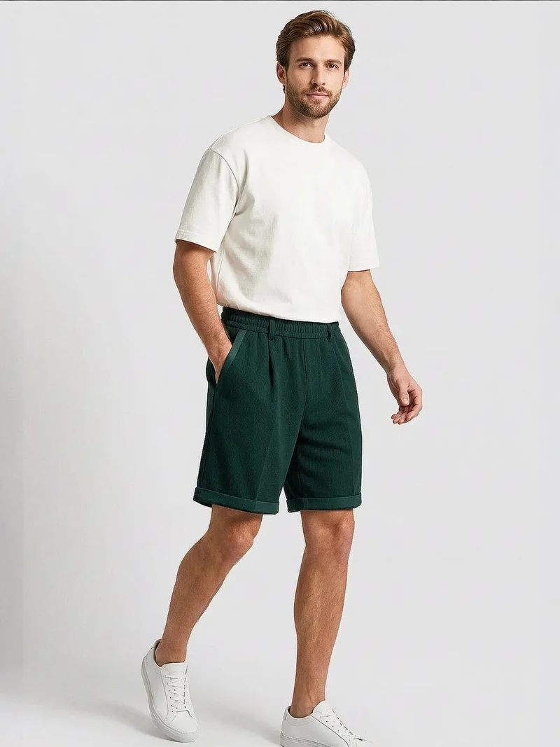 Tommylife Forest Green TOMMY Men's Mid Waist Wide Leg Shorts for Men | Best Price UAE