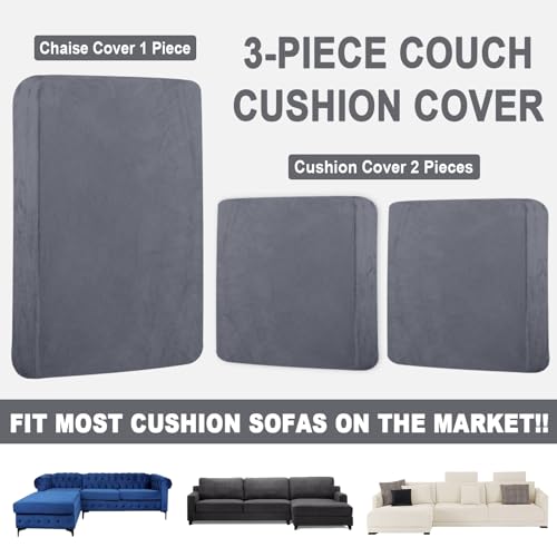BT.WA Sectional Couch Covers for 3-Piece Seat Cushion Velvet Separate L Shape Couch Cover Stretch Sofa Slipcover with 2 Pieces Pillowcases Furniture Protector (Sofa 2 Seater + 1 Chaise, Dark Grey) - Image 4