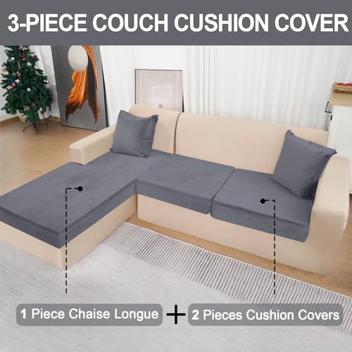 BT.WA Sectional Couch Covers for 3-Piece Seat Cushion Velvet Separate L Shape Couch Cover Stretch Sofa Slipcover with 2 Pieces Pillowcases Furniture Protector (Sofa 2 Seater + 1 Chaise, Dark Grey) - Image 2