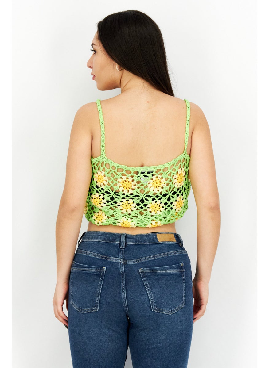 Vintage Supply - Women  U-Neckline Sleeveless Crochet Top, Lime - Image 1