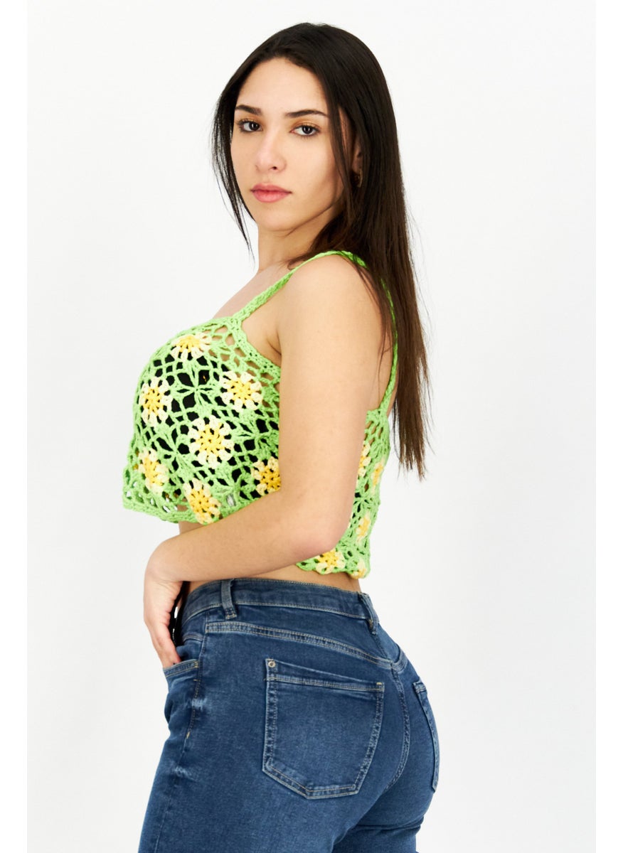 Vintage Supply - Women  U-Neckline Sleeveless Crochet Top, Lime - Image 1