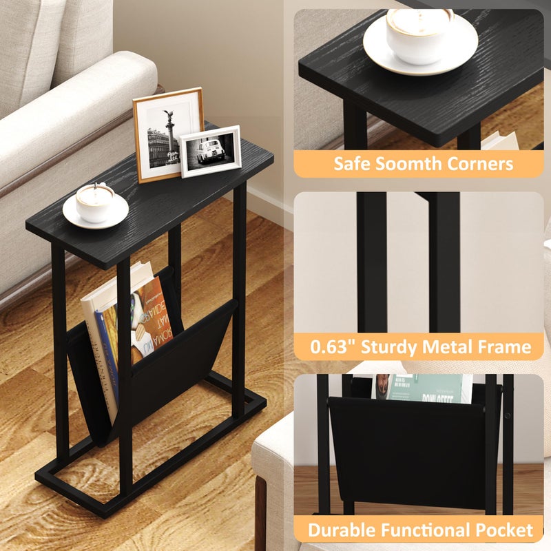 Yusong Narrow Side Table for Small Spaces, Small End Table Set of 2 with Magazine Holder, Skinny Slim Little Thin Table for Living Room, Bedroom, Sofa, Black Oak - Image 3