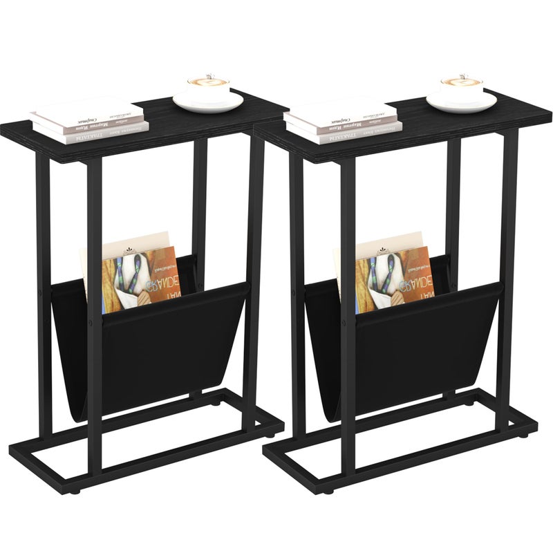 Yusong Narrow Side Table for Small Spaces, Small End Table Set of 2 with Magazine Holder, Skinny Slim Little Thin Table for Living Room, Bedroom, Sofa, Black Oak - Image 1