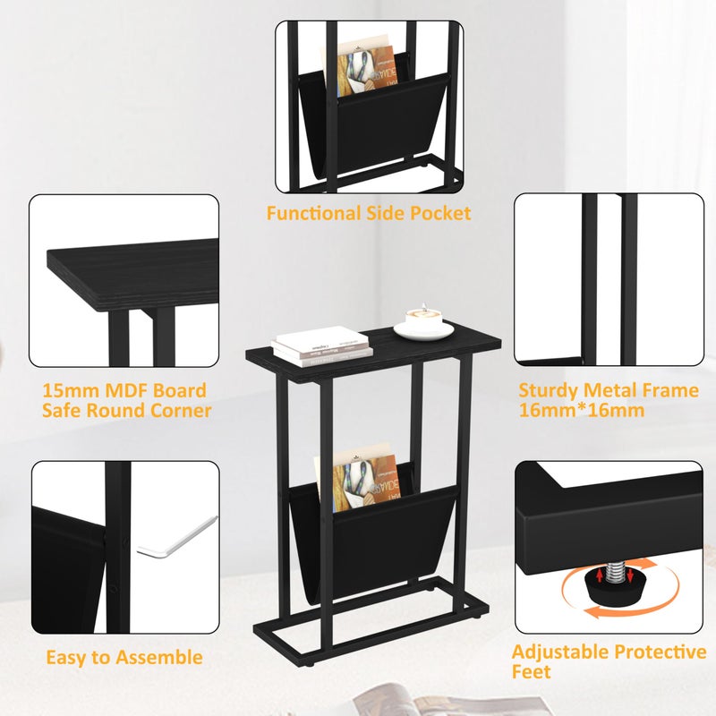 Yusong Narrow Side Table for Small Spaces, Small End Table Set of 2 with Magazine Holder, Skinny Slim Little Thin Table for Living Room, Bedroom, Sofa, Black Oak - Image 5