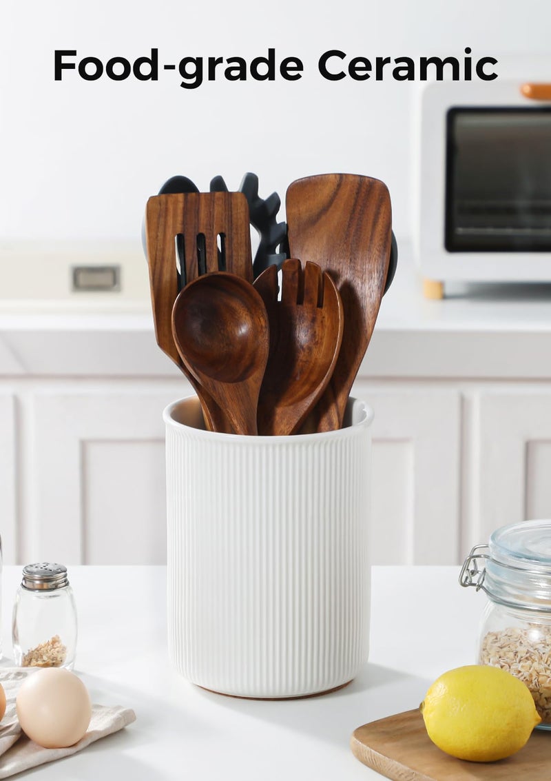 LoeJan 6.7" Utensil Holder, Ceramic Kitchen Utensil Holder with Cork Bottom, Large Utensil Crock for Countertop, Vintage Cooking Tool Organizer Set for Kitchen Counter Decor(White) - Image 4