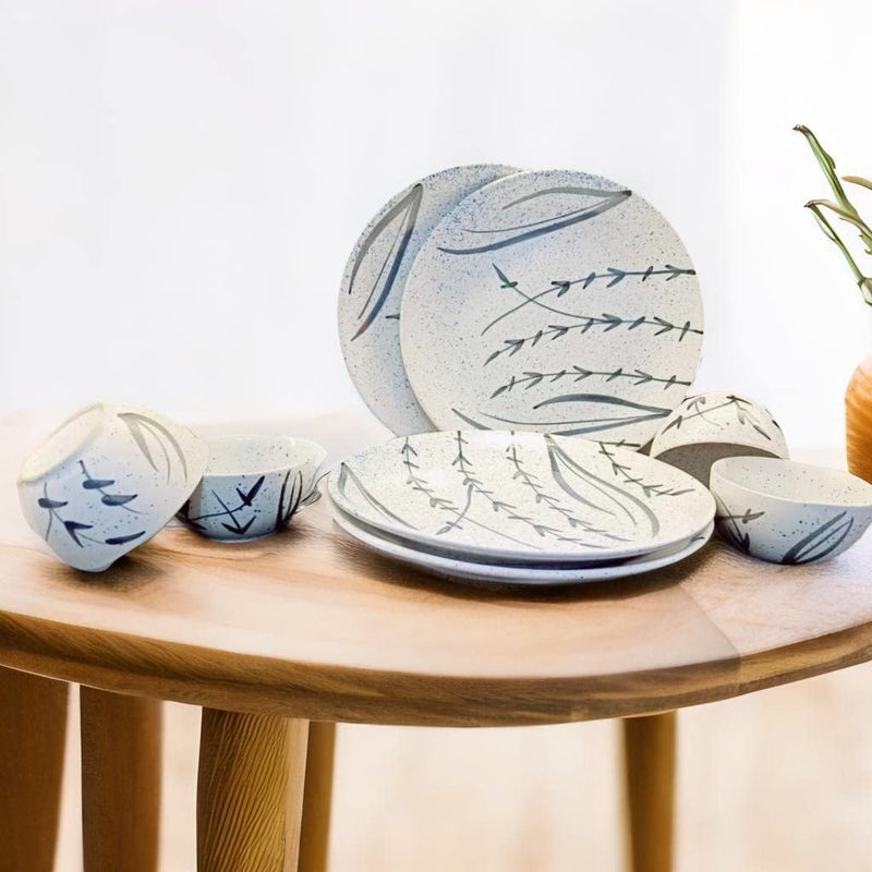 Caffeine Ceramic Handmade White Bamboo Dinner Set(Set of 8) - Image 1