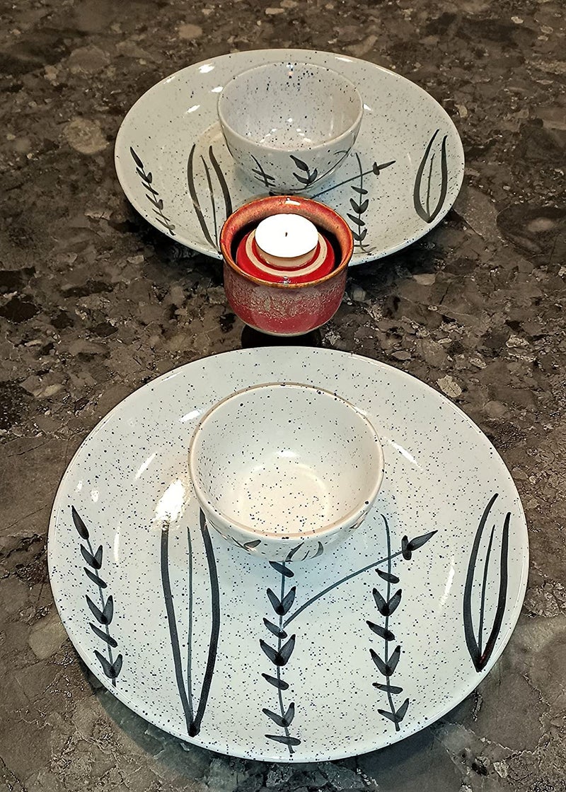 Caffeine Ceramic Handmade White Bamboo Dinner Set(Set of 8) - Image 3