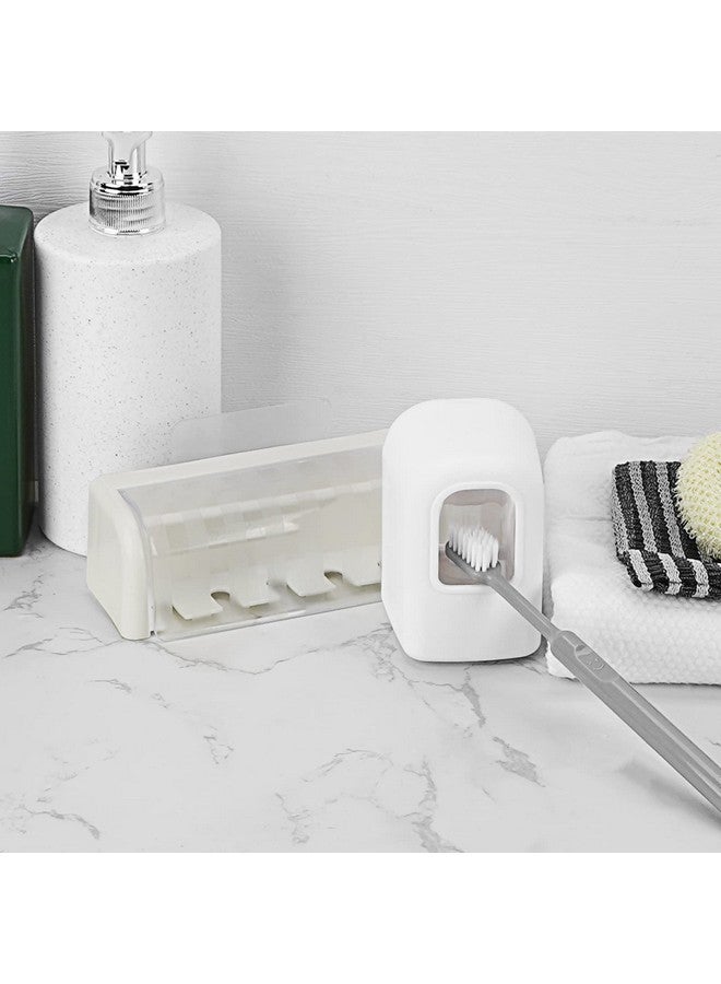 LUEXBOX 5 Slots Wall Mount Toothbrush Holder with Cover, Self Adhesive Toothbrush Storage Organizer for Shower, Toothbrush Hanger with Automatic Toothpaste Squeezer Dispenser - Image 4