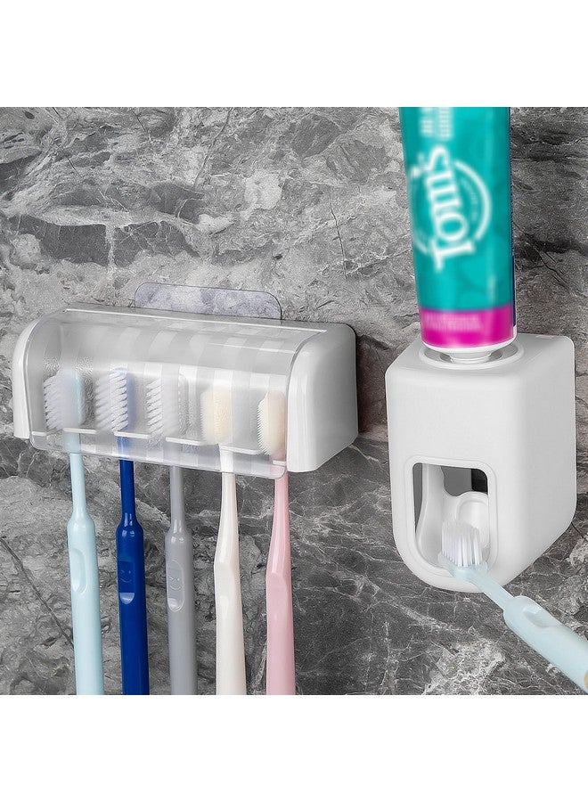 LUEXBOX 5 Slots Wall Mount Toothbrush Holder with Cover, Self Adhesive Toothbrush Storage Organizer for Shower, Toothbrush Hanger with Automatic Toothpaste Squeezer Dispenser - Image 1