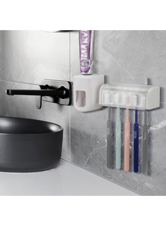 LUEXBOX 5 Slots Wall Mount Toothbrush Holder with Cover, Self Adhesive Toothbrush Storage Organizer for Shower, Toothbrush Hanger with Automatic Toothpaste Squeezer Dispenser - Image 3