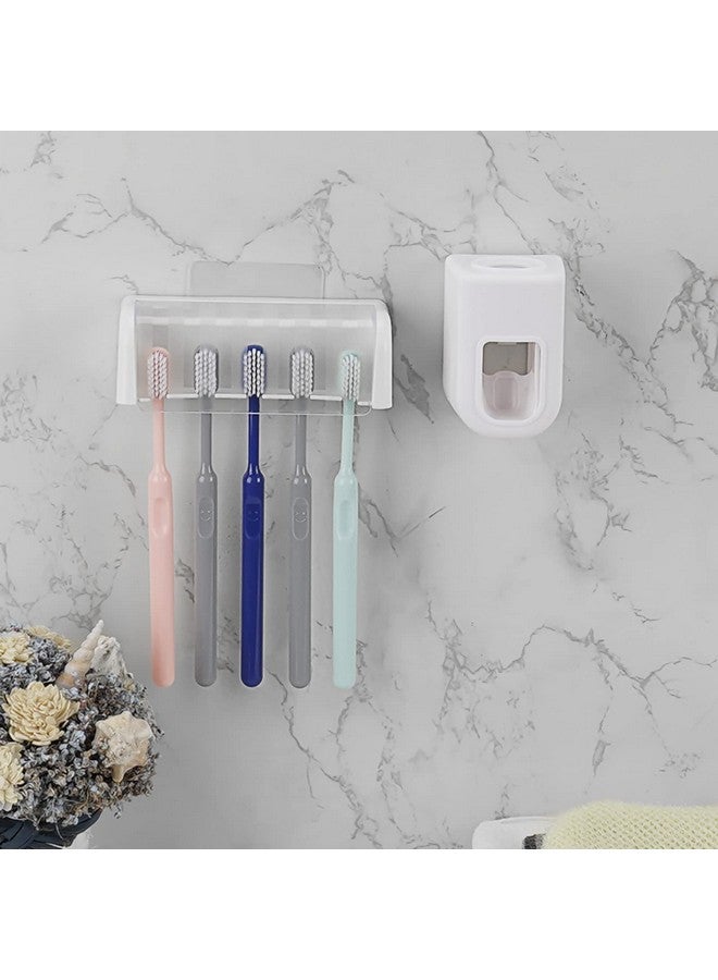 LUEXBOX 5 Slots Wall Mount Toothbrush Holder with Cover, Self Adhesive Toothbrush Storage Organizer for Shower, Toothbrush Hanger with Automatic Toothpaste Squeezer Dispenser - Image 5