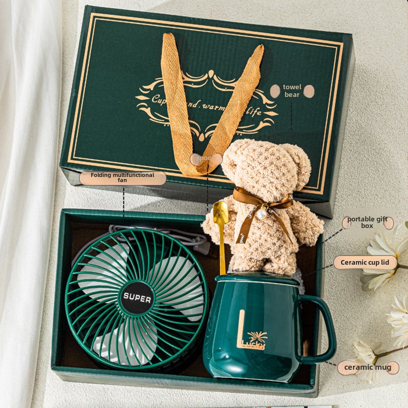 USB Chargeable Folding Fan Mini Portable Ink jade green fan cup towel bear companion gift suit