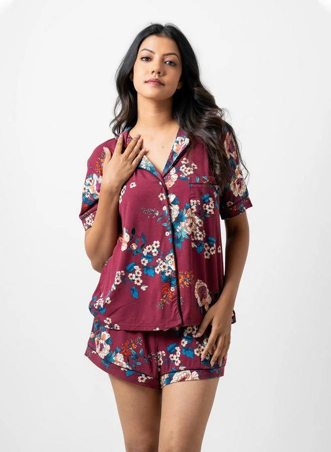 Aadaraya Aadaraya All-Over Floral Print Shirt and Elasticated Shorts Set