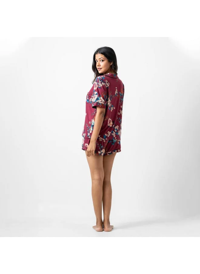 Aadaraya Aadaraya All-Over Floral Print Shirt and Elasticated Shorts Set