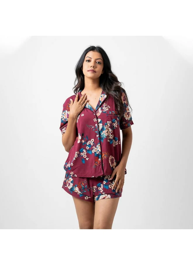 Aadaraya Aadaraya All-Over Floral Print Shirt and Elasticated Shorts Set