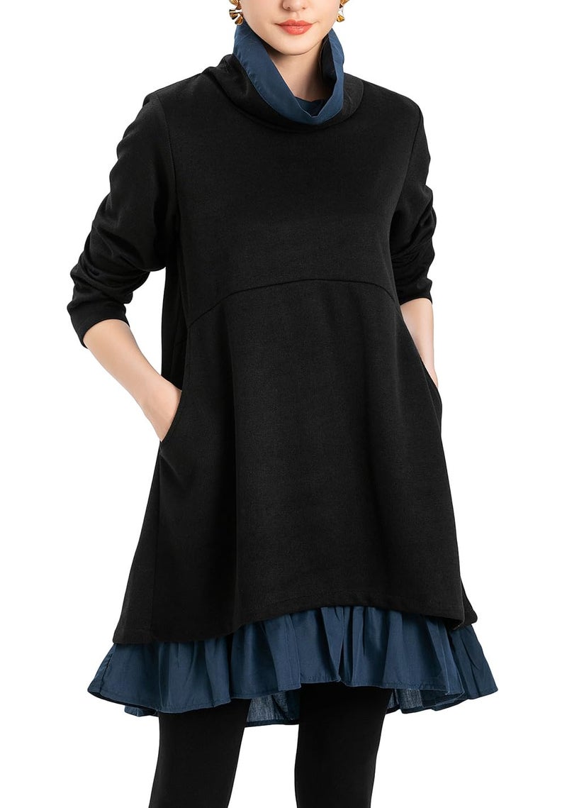 Minibee Women's Oversized Sweatshirt Dress Turtleneck Long Sleeve Tunic Tops Swing Dresses with Pockets Black L - Image 1
