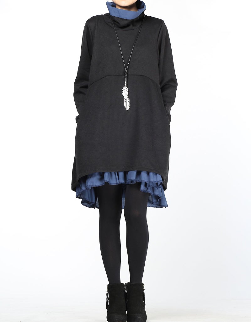 Minibee Women's Oversized Sweatshirt Dress Turtleneck Long Sleeve Tunic Tops Swing Dresses with Pockets Black L - Image 3