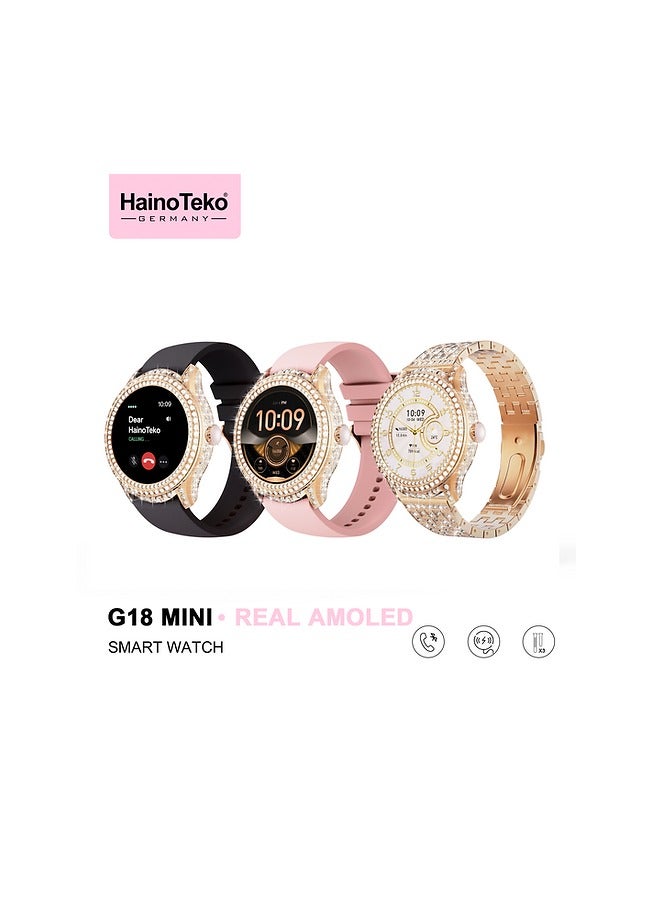 هينو تيكو ساعة Haino Teko G18 Mini الذكية بشاشة AMOLED حقيقية وتصميم أنيق للنساء، تدعم تتبع معدل ضربات القلب والنوم والخطوات، مع 3 أحزمة متنوعة (ستانلس ستيل + سيليكون) وبطارية تدوم حتى 7 أيام - Image 3