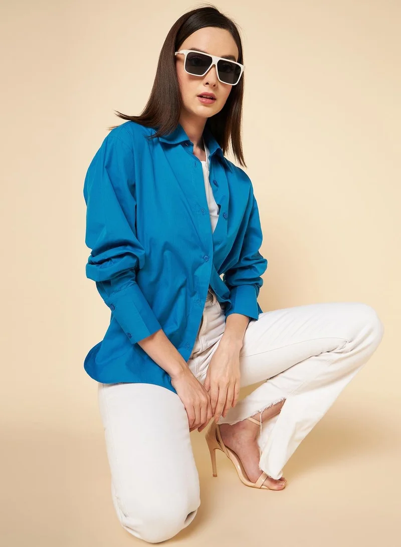 HIGH STAR Women's Boxy Fit Cotton Shirt in Blue, High-Rise Waist for Casual Comfort
