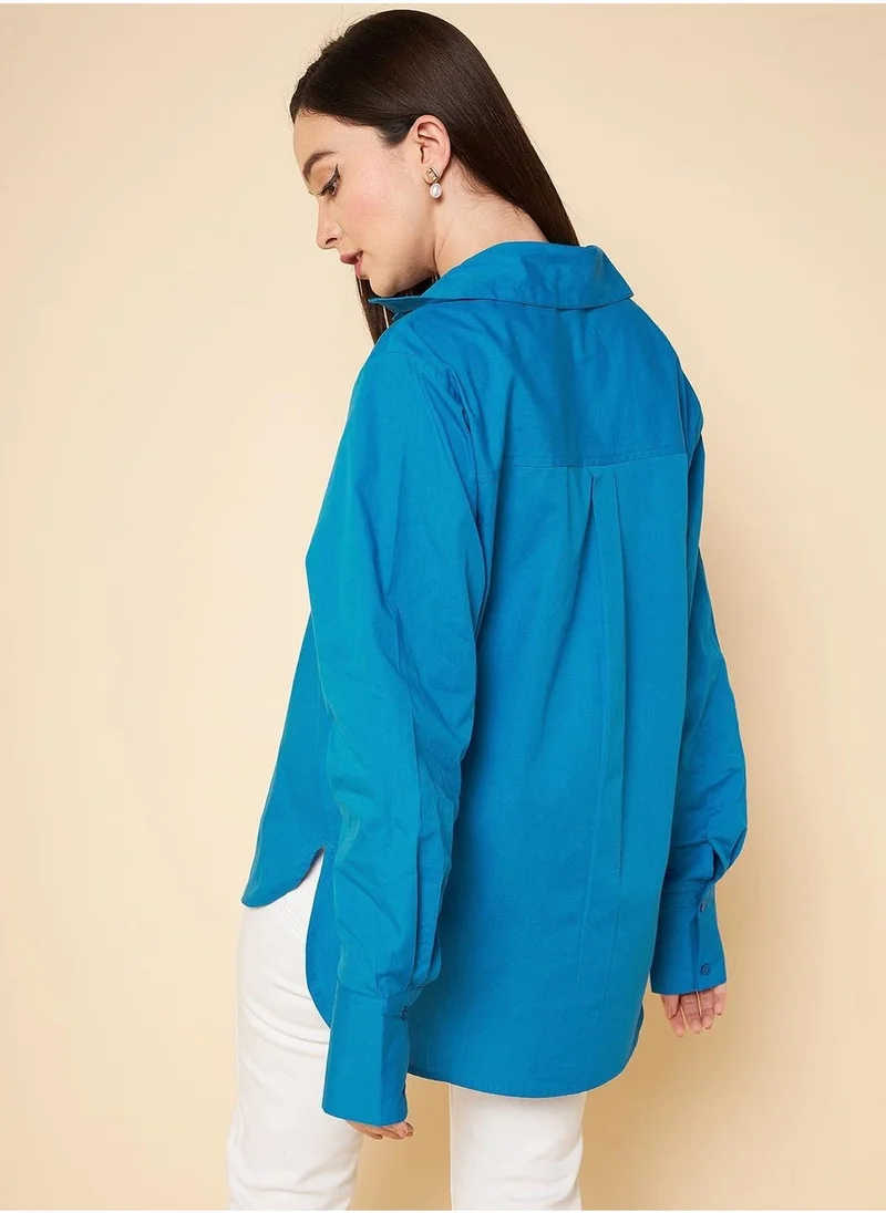 HIGH STAR Women's Boxy Fit Cotton Shirt in Blue, High-Rise Waist for Casual Comfort