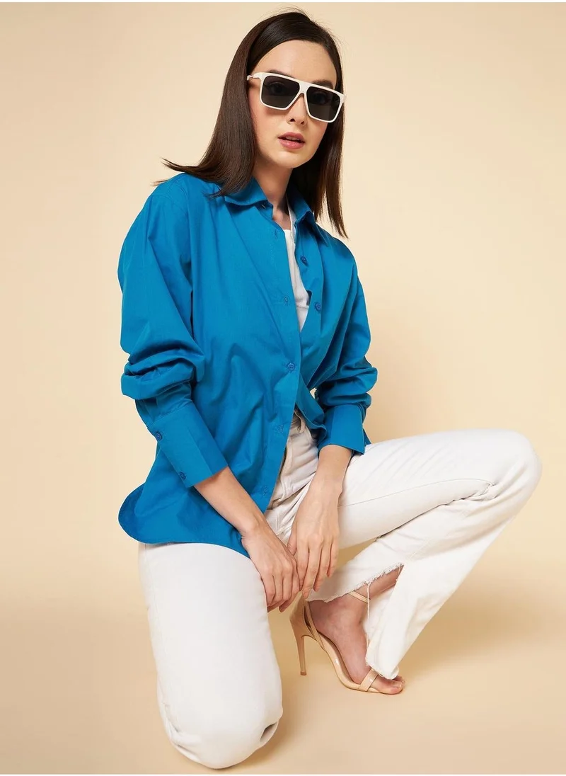 HIGH STAR Women's Boxy Fit Cotton Shirt in Blue, High-Rise Waist for Casual Comfort