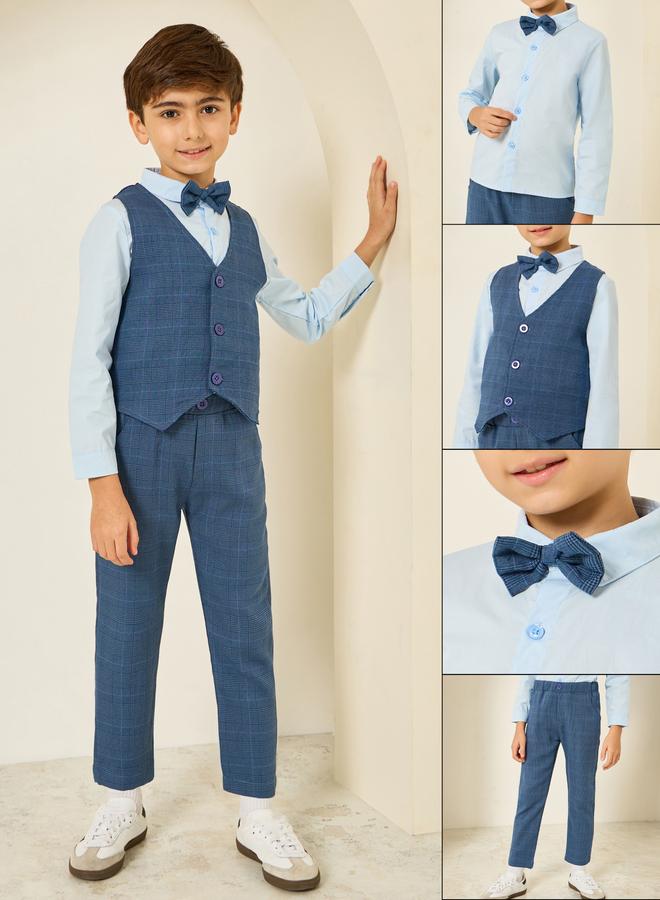 Styli Boys Blue Shirt With Waistcoat And Trousers With Bow Set - Image 1