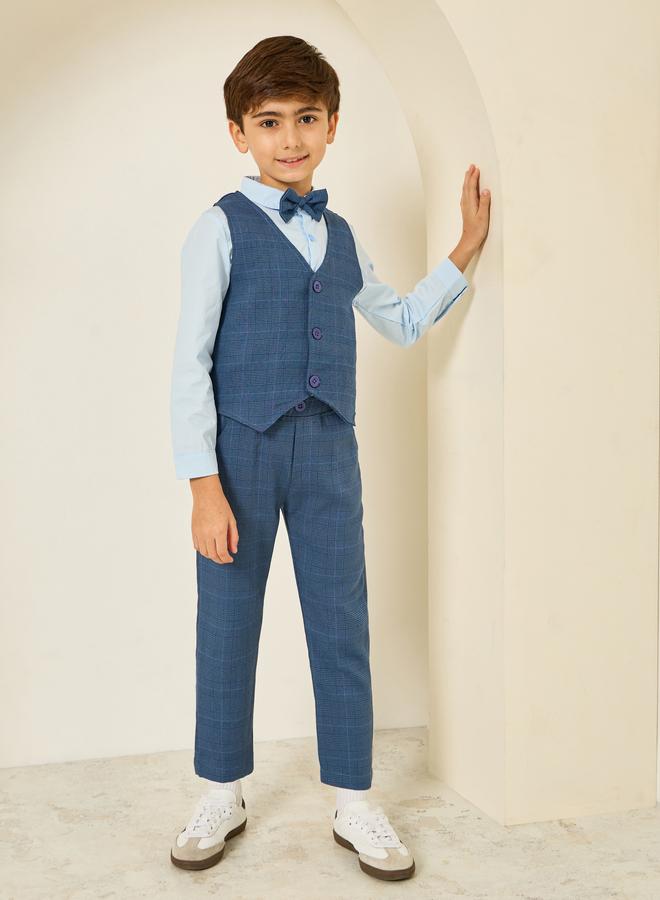 Styli Boys Blue Shirt With Waistcoat And Trousers With Bow Set - Image 2