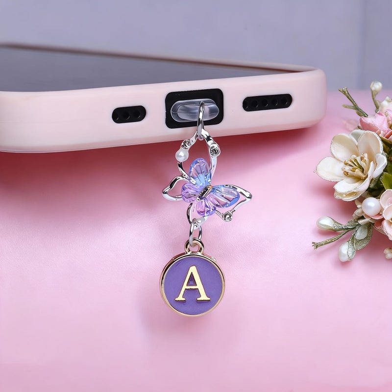 سدادة غبار لهاتف iPhone أو Type C على شكل حرف مع فراشة راقية من الراين - Image 3